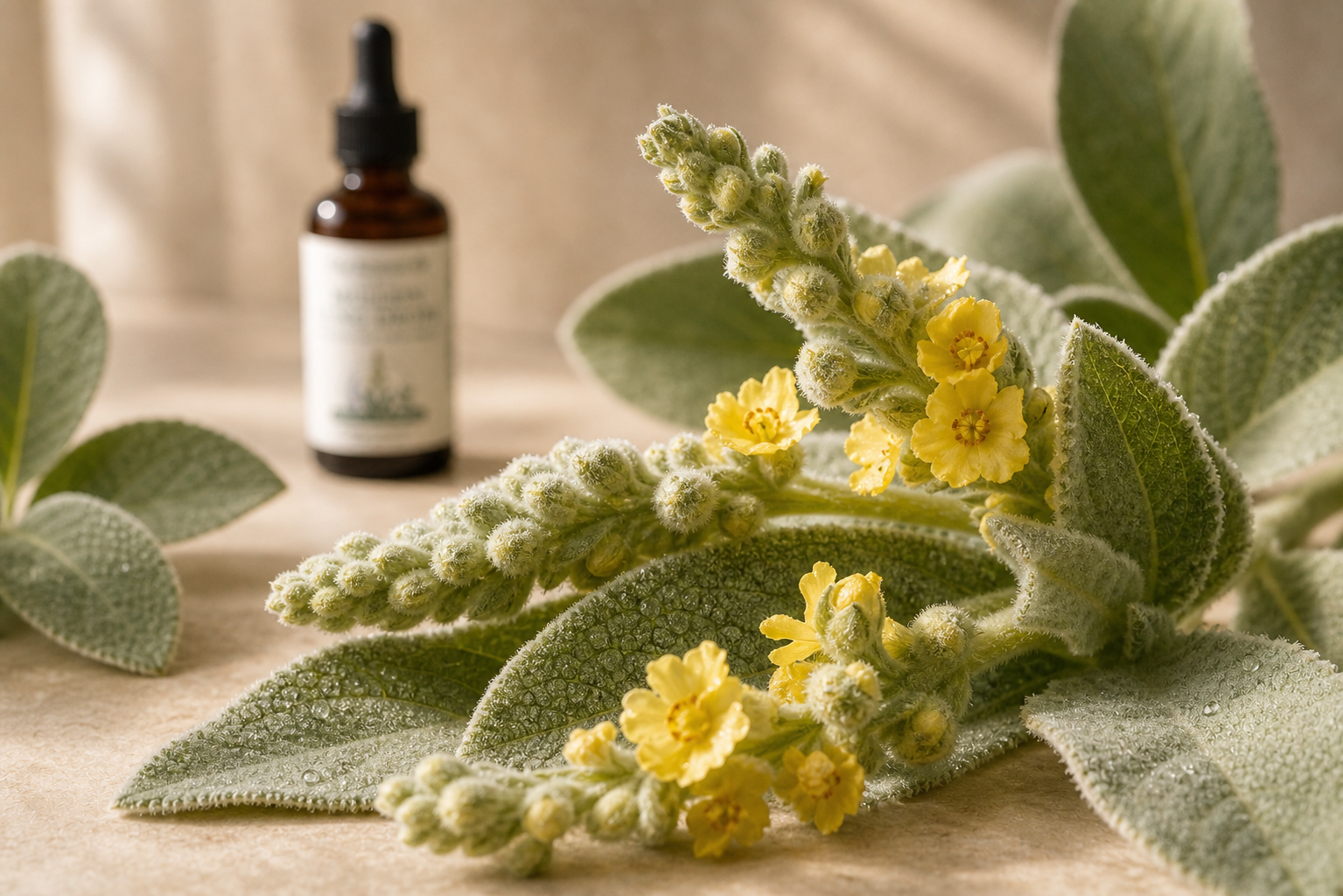 Mullein Lung Drops beside a glass of water